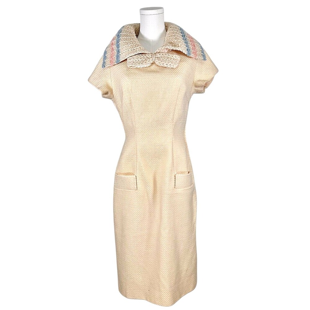 Vintage Hauser Wodell Woven Pegged Sheath Dress Knit Collar